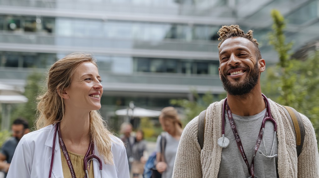 Two healthcare professionals connecting