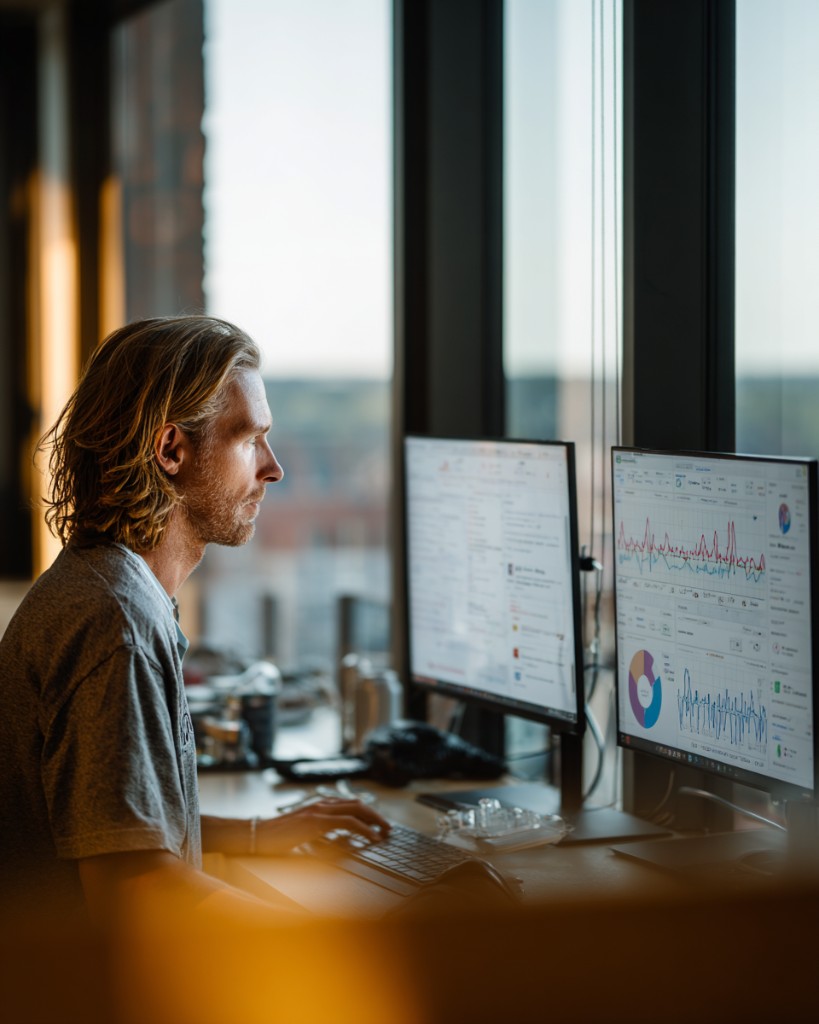 Data analyst reviewing dashboards at a modern workstation