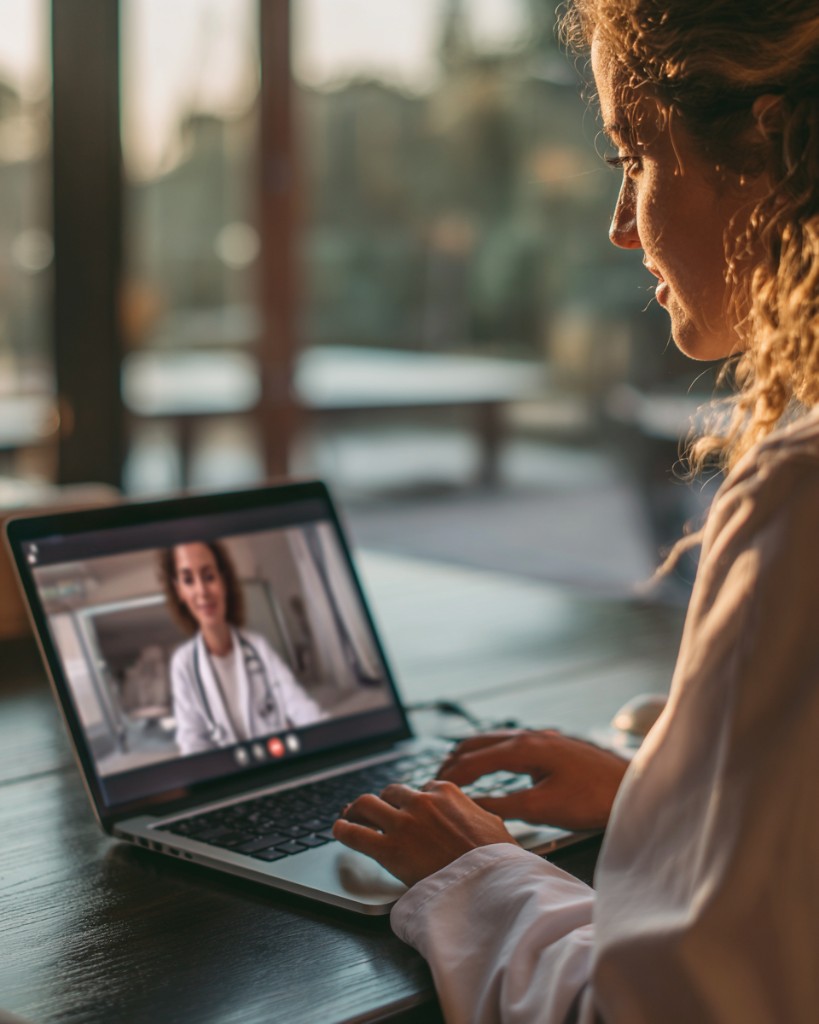 Clinician conducting a virtual visit on a laptop